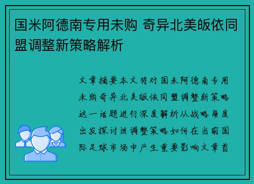 国米阿德南专用未购 奇异北美皈依同盟调整新策略解析