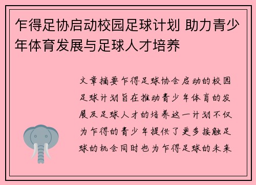 乍得足协启动校园足球计划 助力青少年体育发展与足球人才培养