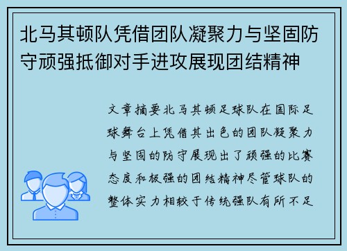 北马其顿队凭借团队凝聚力与坚固防守顽强抵御对手进攻展现团结精神