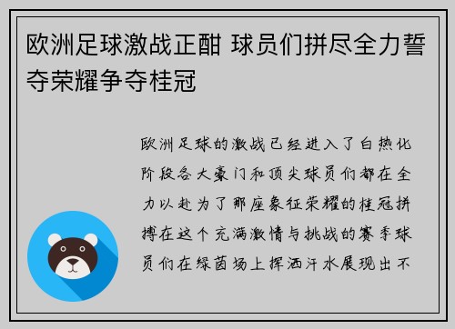 欧洲足球激战正酣 球员们拼尽全力誓夺荣耀争夺桂冠