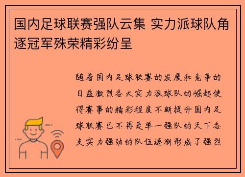 国内足球联赛强队云集 实力派球队角逐冠军殊荣精彩纷呈